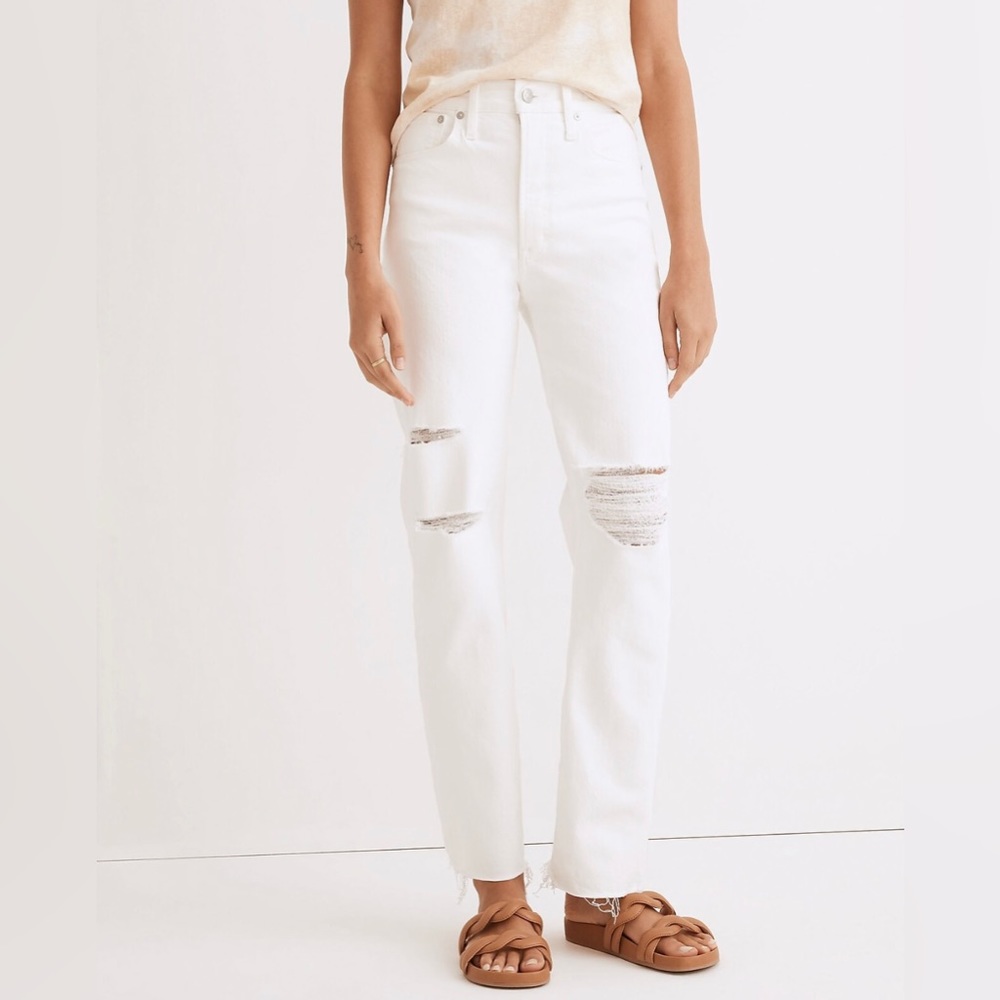 NWT - Madewell The Perfect Vintage Straight Jean Tile White Ripped-Knee Edition